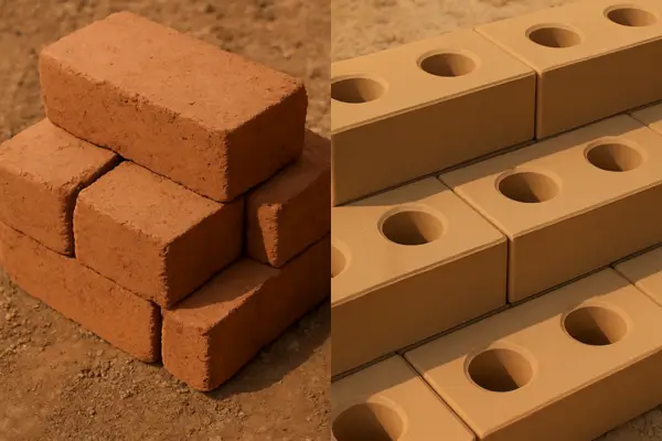 Comparação visual entre tijolos de adobe e tijolos ecológicos para construção em obras sustentáveis