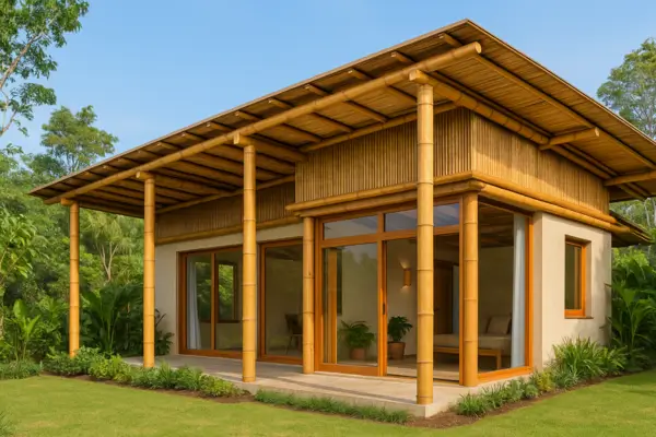 Casa ecológica com estrutura e acabamentos feitos de bambu, destacando o uso do material em arquitetura sustentável