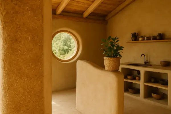 Parede e divisória feitas de barro e palha em casa ecológica, destacando aplicações sustentáveis em áreas internas.
