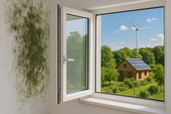 Boa ventilação em casa ecológica com vista para o exterior verde, evitando problemas de mofo e umidade.
