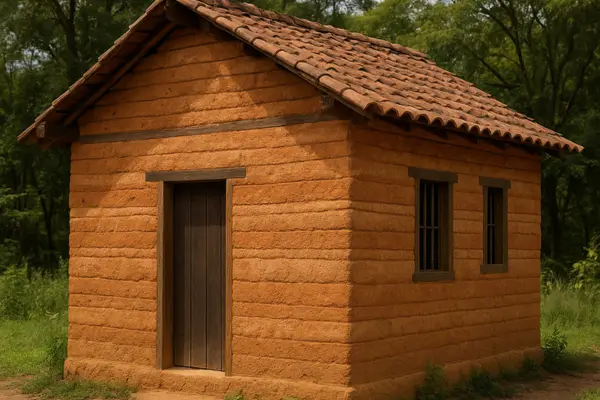 Casa de taipa de pilão com telhado de barro em área rural, exemplo de construção natural com terra crua.