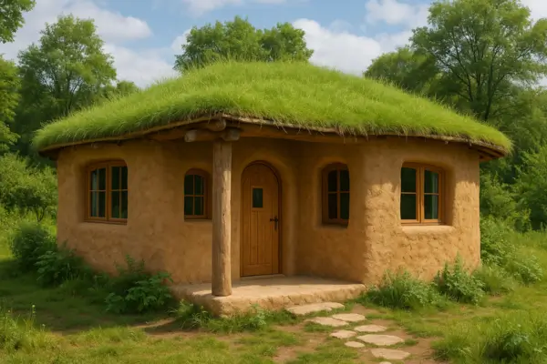 Casa ecológica feita de adobe com telhado verde em área verde, representando construção com materiais naturais.