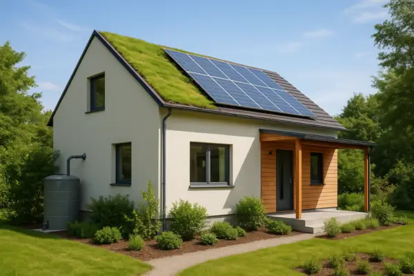 Casa ecológica com telhado verde, painéis solares e sistema de captação de água da chuva