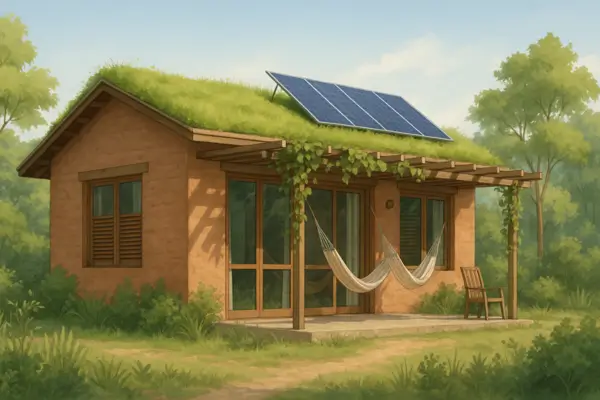 Casa ecológica construída com materiais naturais, telhado verde, ventilação cruzada e soluções para conforto térmico em clima tropical.