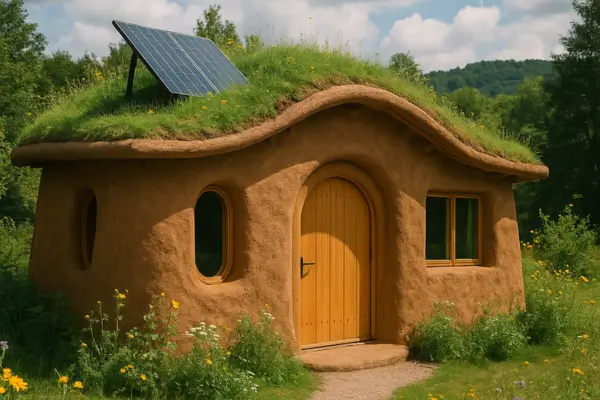 Casa ecológica de terra crua com telhado verde, janelas de madeira e painéis solares em meio à natureza