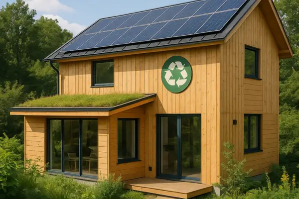Casa ecológica construída com madeira sustentável, com painéis solares no telhado e vegetação ao redor