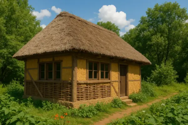 Casa ecológica construída com técnica de pau a pique, cercada por vegetação, com telhado de palha e estrutura de madeira