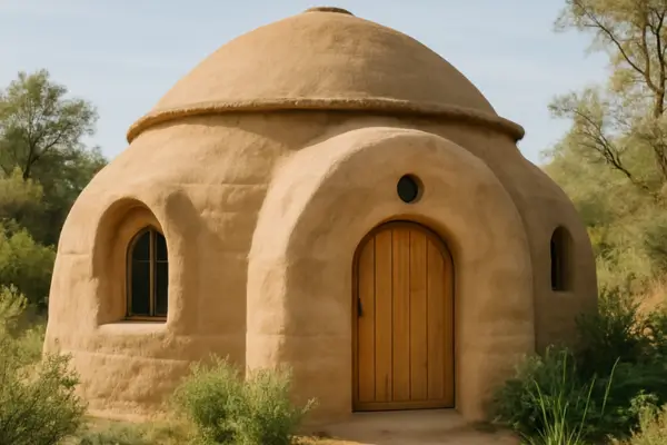 Casa de superadobe com cúpula de terra, cercada por vegetação, mostrando arquitetura ecológica e simples