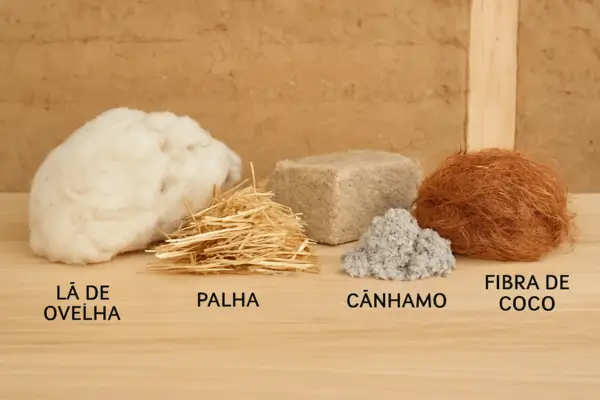Fibras naturais como lã de ovelha, palha, cânhamo e fibra de coco utilizadas para isolamento térmico em casas ecológicas.