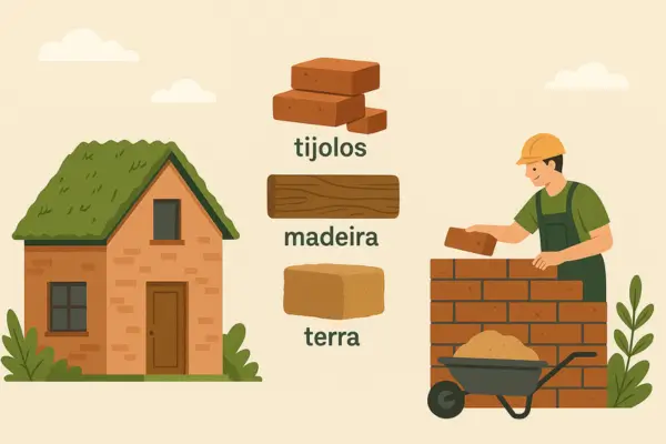 Casa ecológica feita com tijolos, madeira e terra, ao lado de trabalhador construindo parede com materiais locais.