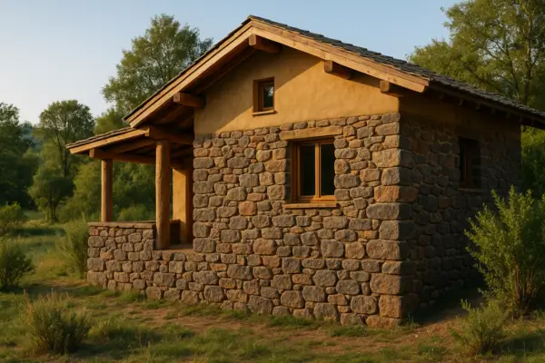 Fundações e muros de casa ecológica construídos com pedras locais em ambiente natural