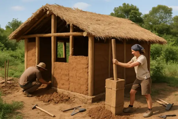 Construção de casa ecológica com técnicas tradicionais como taipa de pilão e uso de materiais naturais