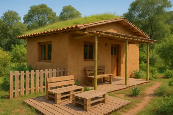 Casa ecológica feita com técnicas simples de bioconstrução como adobe, bambu e materiais reaproveitados