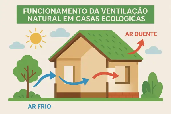 Ilustração realista mostrando como funciona a ventilação natural em uma casa ecológica com telhado verde, entrada de ar frio e saída de ar quente.