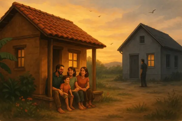 Diferenças no bem-estar de quem vive em casas ecológicas feitas com técnicas tradicionais, mostrando família feliz em frente a casa de taipa ao pôr do sol.