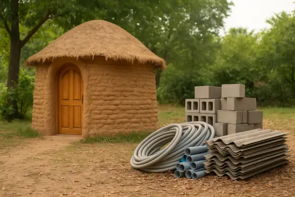 Casa de adobe em meio à natureza ao lado de materiais industrializados como blocos de concreto, tubos de PVC e telhas de amianto, ilustrando o contraste entre soluções ecológicas e convencionais na construção civil.