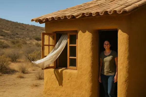Casa de cob ecológica em região de clima seco, com paredes espessas de terra e sombra fresca