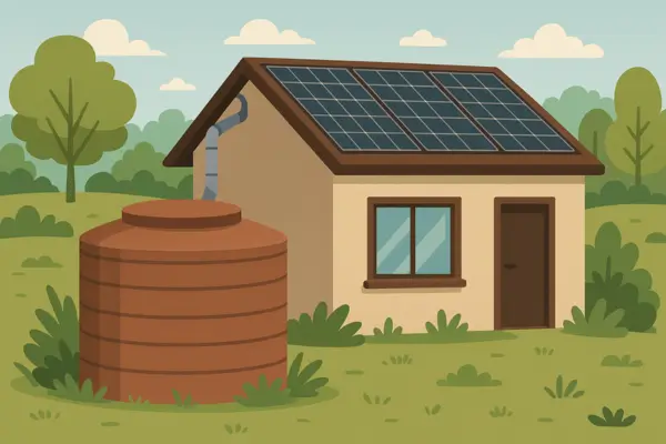 Cisterna de ferrocimento ao lado de casa ecológica com telhado verde e vegetação ao redor