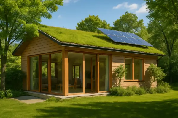 Casa ecológica com design bioclimático, mostrando telhado verde, ventilação cruzada e sombreamento natural para melhorar o conforto térmico.