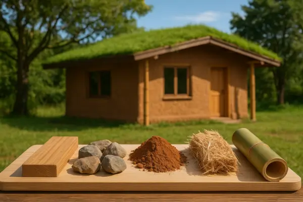 Materiais naturais como bambu, adobe, madeira de reflorestamento e pedras locais na construção de uma casa ecológica