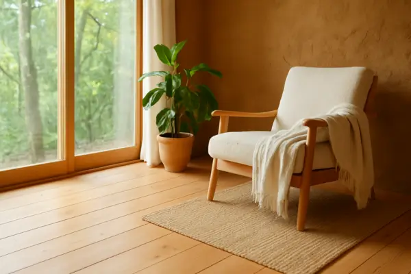 Sala com piso de madeira natural e decoração ecológica que transmite bem-estar