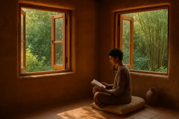 Interior silencioso de uma casa ecológica de terra com vista para a natureza e som ambiente natural